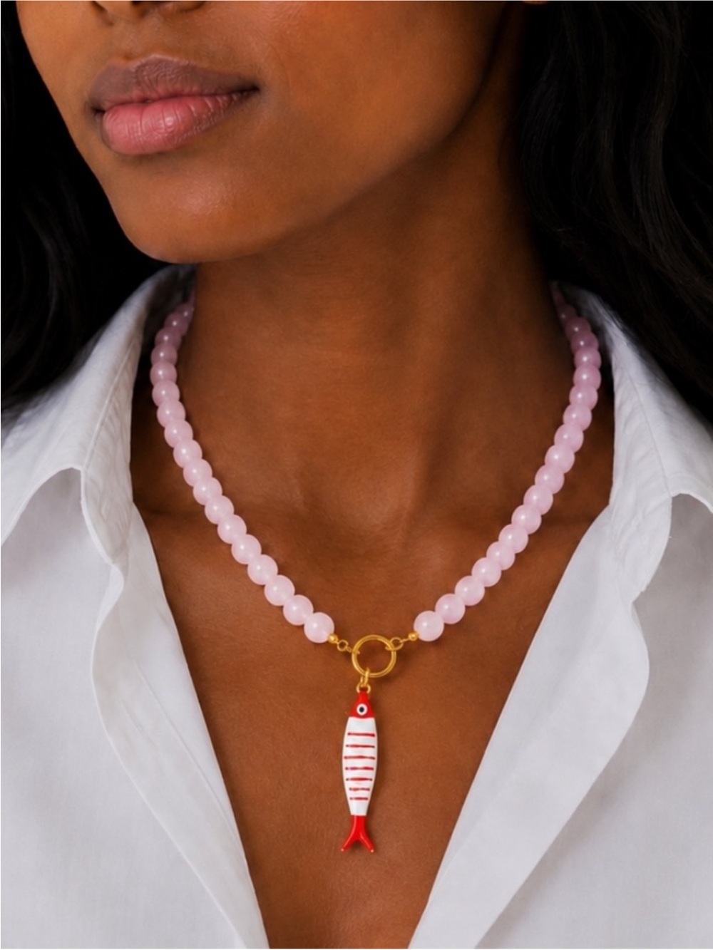 New! Coastal Red Fish Charm Blush Beaded Necklace (4011) NWOT